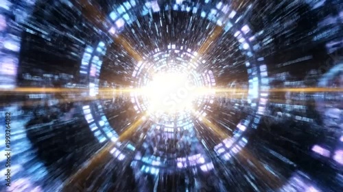 Abstract digital tunnel with glowing light.