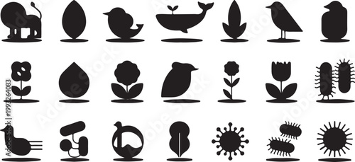 ature and biology silhouette icon set with animals, plants, microorganisms and abstract shapes modern vector illustration collection isolated on white background