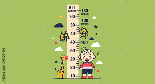 Illustration of a childs height chart with a boy, giraffe, monkeys, clouds, and stars for measuring growth