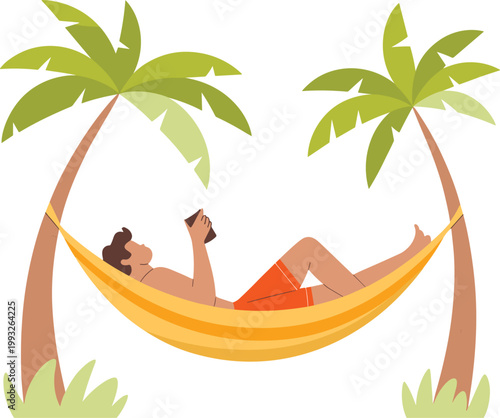 Man relaxing in hammock between palm trees vector illustration, tropical vacation leisure lifestyle summer concept