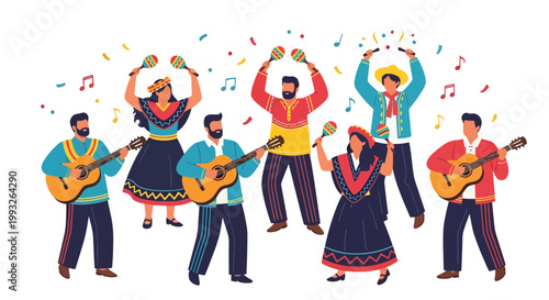 Flat style vector illustration of mariachi band performing with instruments and traditional outfits, representing Mexican culture, live music, and festive Cinco de Mayo celebration
