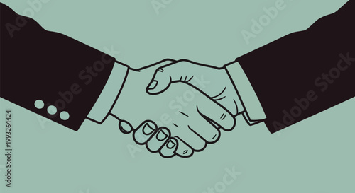 Illustration of closeup illustration of two business people shaking hands, symbolizing agreement, partnership, and successful deal