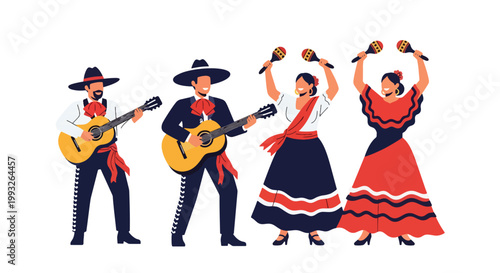 Flat style vector illustration of mariachi band performing with instruments and traditional outfits, representing Mexican culture, live music, and festive Cinco de Mayo celebration