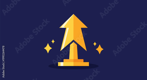 Illustration of golden arrow pointing upwards on a pedestal with sparkling stars, symbolizing success, growth, and achievement in a business context