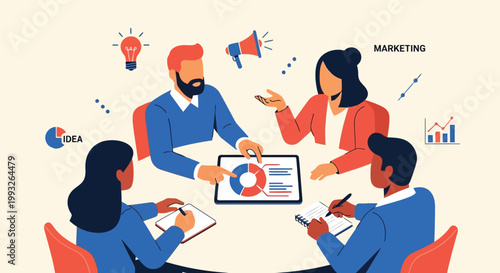 Illustration of diverse team collaborates on marketing strategy, analyzing data and brainstorming ideas with visual aids