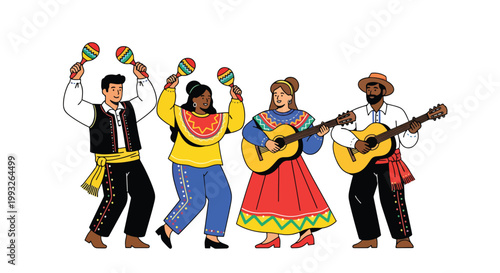 Flat style vector illustration of mariachi band performing with instruments and traditional outfits, representing Mexican culture, live music, and festive Cinco de Mayo celebration