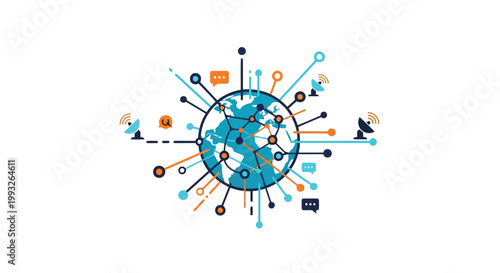Illustration of global network illustration with interconnected nodes and satellite dishes around a stylized earth, representing worldwide communication and connectivity