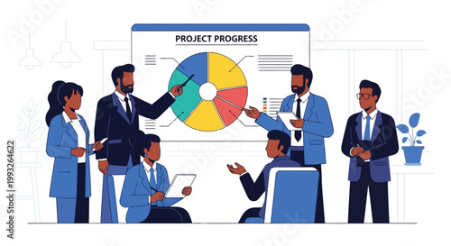 Illustration of team of business professionals in a meeting discussing project progress using a pie chart presentation on a large screen