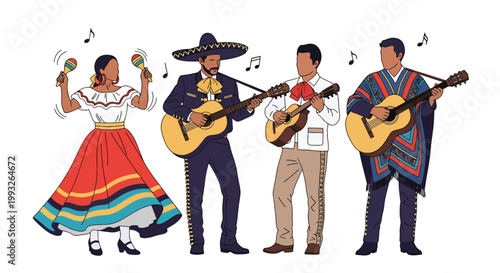 Flat style vector illustration of mariachi band performing with instruments and traditional outfits, representing Mexican culture, live music, and festive Cinco de Mayo celebration