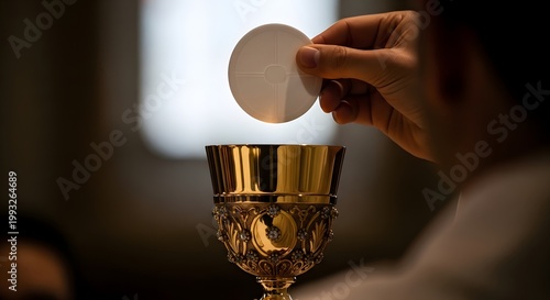 A hand holds host over ornate chalice in Corpus Christi ceremony indoors.