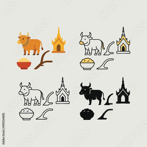 Doodle Hand-Drawn Icon Set – Royal Ploughing Ceremony Thailand, Farming Ritual, Ox, Plough, Seeds
