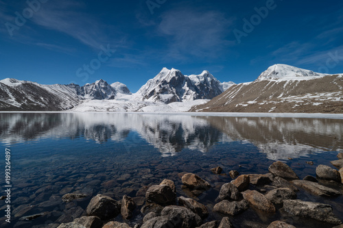 A crystal-clear view of Gurudongmar Lake in North Sikkim, featuring a perfect mirror reflection of snow-capped Himalayan peaks