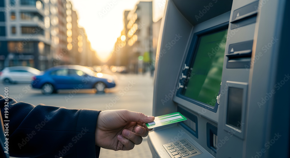 Obraz premium Person using a credit card at an outdoor atm machine