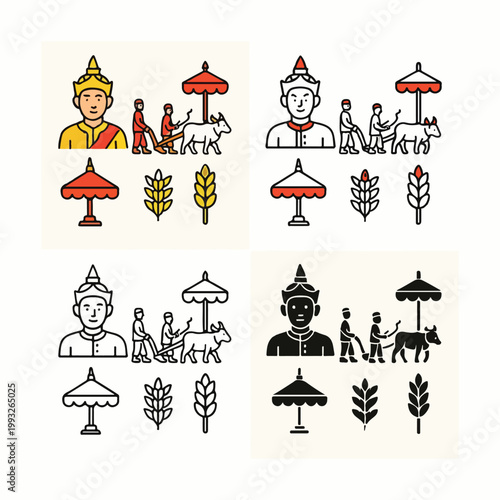 Hand-Drawn Doodle Icons – Thailand Royal Ploughing Ceremony, Ox, Plough, Seeds, Agriculture
