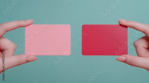 Password security, Two hands each holding a different colored card, one pink and one red, against a teal background.