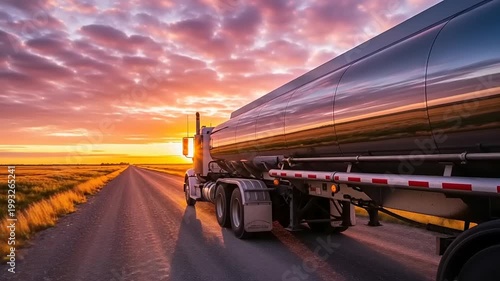 A Fuel Tanker Truck Driving Down a Rural Highway at Sunset.