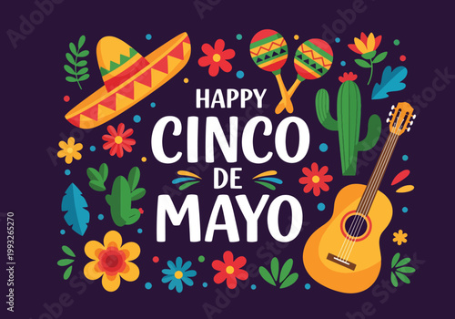 Flat style vector illustration of Happy Cinco de Mayo banner with sombrero, maracas, guitar, cactus and flowers on dark background, vibrant festive design