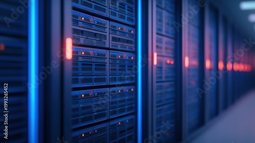 Password security, A row of illuminated server racks in a data center with blue and red lighting, highlighting modern technology infrastructure.