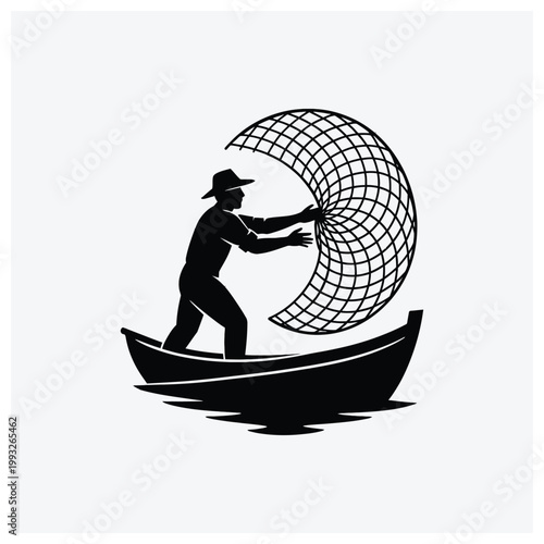 Minimal silhouette of a fisherman casting a large, circular fishing net into the water.