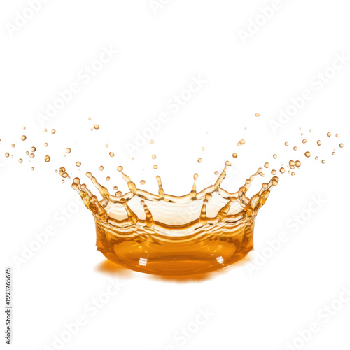 Dynamic amber-orange liquid splash, semi-translucent, frozen in perfect swirling crown, crystalline droplets, white background, strong backlighting, concept for beverage advertising