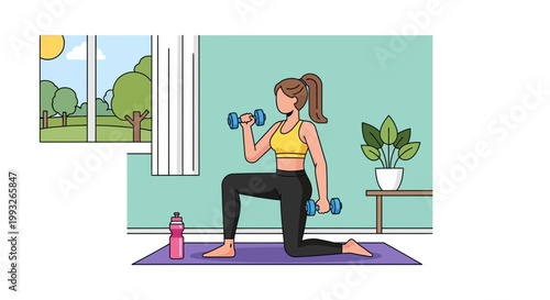 woman exercising with dumbbells at home, fitness illustration, workout vector, healthy lifestyle