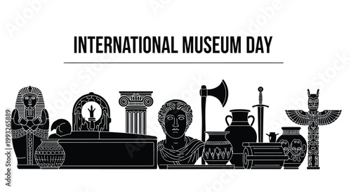 International Museum Day vector illustration showcasing diverse ancient artifacts and global cultural heritage symbols.