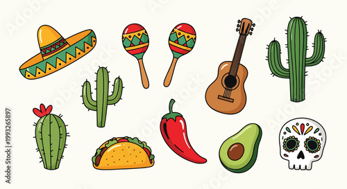 Tableau sur toile Flat style vector illustration of Mexican cultural icon set including cactus, ch