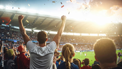 Celebrating Fans in Packed Soccer Stadium