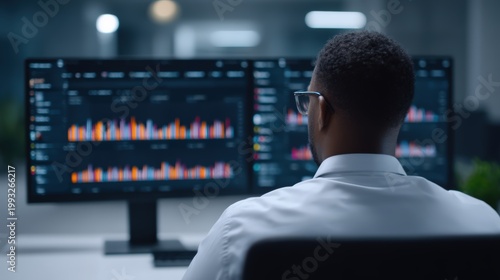 Password security, A professional analyzes financial data and charts on a large monitor in a modern office setting.