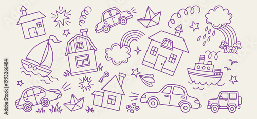 Childhood dreams and house building doodles, hand drawn family home and car, kids imagination and play illustration set, rainbow and stars childhood art elements, simple house and nature doodle collec