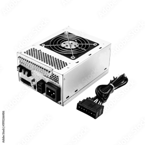 Black and white halftone illustration of computer power supply unit with cooling fan and cable connector, minimal tech concept with retro dot texture.
