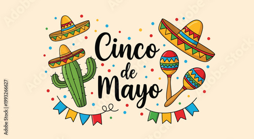 Flat style vector illustration of Cinco de Mayo banner with cactus, sombrero, maracas and confetti elements, festive ribbon composition for celebration design