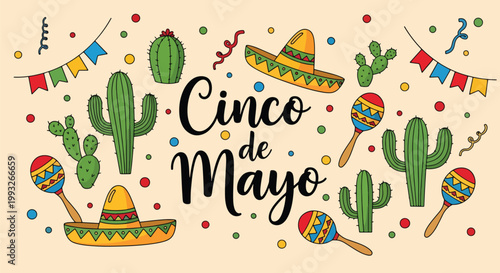 Flat style vector illustration of Cinco de Mayo banner with cactus, sombrero, maracas and confetti elements, festive ribbon composition for celebration design