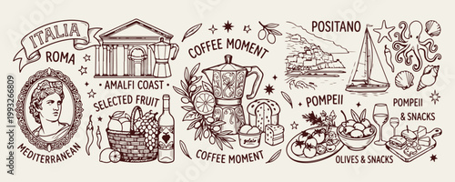 Coffee moment and italian espresso art, vintage moka pot and coffee bean illustration, cafe culture and barista lifestyle doodles, morning coffee and bakery elements, hand drawn coffee shop menu colle