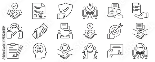 Negotiation icon set. contain icons related to Negotiation, deal, discussing, bargain, offer, agreement, talk, contract, and more. Editable stroke. Vector illustration
