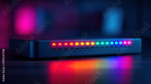 Password security, A sleek network switch with vibrant multicolored LED lights glowing in a dark, reflective setting.
