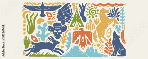 Native american culture and symbols, indigenous heritage and tribal art, feathers and eagle and tent, western outback and desert illustration, traditional native american doodle set, hand drawn tribal