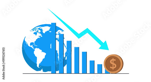 Declining global economy and finance graph.