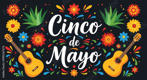 Flat style vector illustration of decorative Cinco de Mayo typography with flowers and guitars on dark background, vibrant festive Mexican holiday poster design