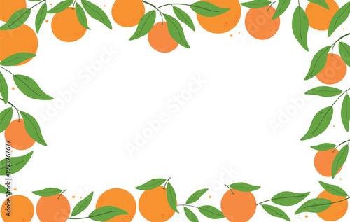 Rectangular frame with oranges and oranges leaves on the transparent background.