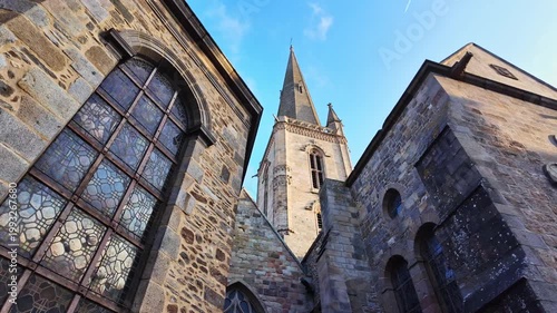 Exterior view of large stained glass window of Saint-Vincent Cathedral, Saint-Malo in Brittany, France