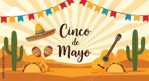 Flat style vector illustration of Cinco de Mayo desert scene with tacos, chili peppers, cactus and guitar, festive composition with sunburst background