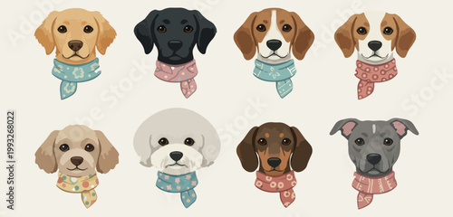 Cute dog breeds portraits set, puppy faces and pet illustration, labrador beagle bichon and dachshund, domestic animal heads vector art, pet grooming and care doodles, hand drawn canine character coll