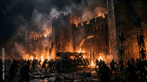 Epic medieval battle scene at night featuring soldiers attacking a burning castle fortress with a battering ram and siege ladders.