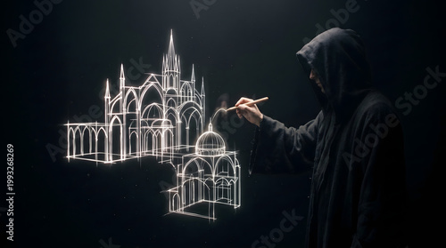 A mysterious hooded mystical architect drawing a glowing white-line architectural sketch of a grand gothic cathedral against a dark black background.