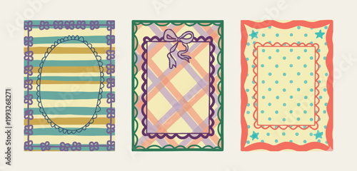 Plaid fabric and ribbon border, colorful tartan textile design set, decorative gift wrap frame vectors, traditional checkered pattern graphics, craft scrapbook border illustrations, classic holiday ri