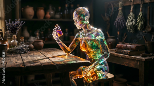 Surreal translucent glass humanoid woman sitting in a vintage alchemy laboratory holding a glowing potion vial in a rustic workshop setting.