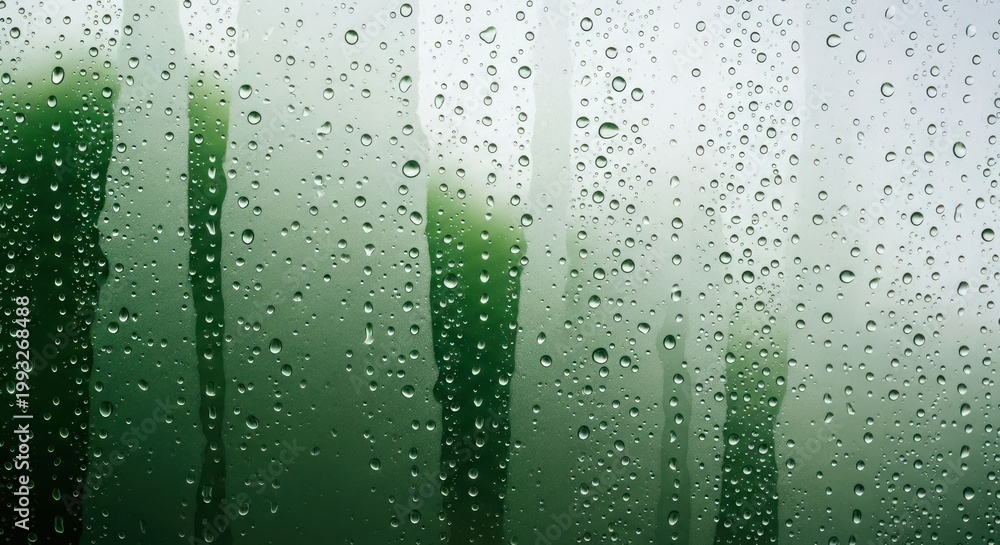 Fototapeta premium Close-up view of condensation on a glass surface with green background.