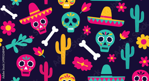 Flat style vector illustration of seamless Cinco de Mayo pattern with skulls, sombreros, cactus and flowers on dark background, vibrant festive design