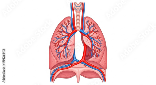 Anatomical illustration of human lungs and trachea.